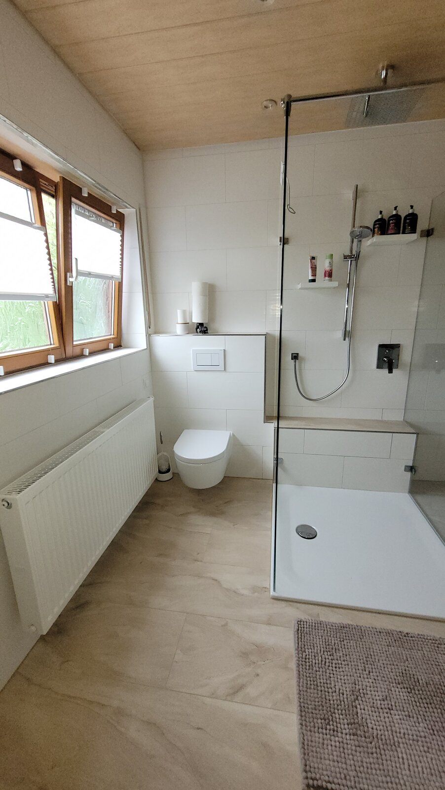 Wand-WC und Flachheizkörper unter dem Fenster, daneben die verglaste Dusche